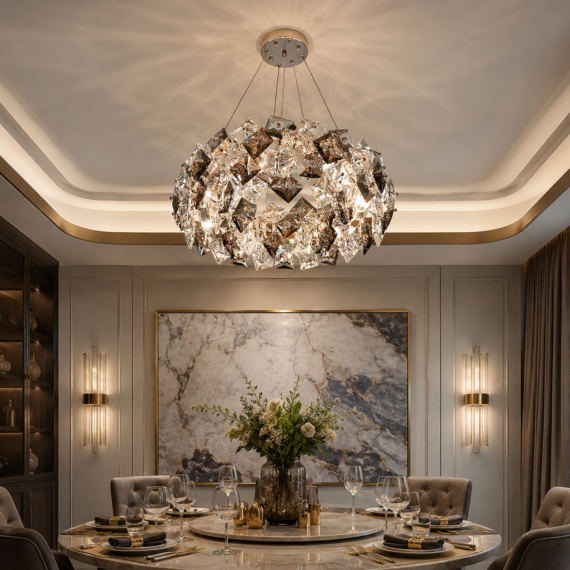 Candelabru Cristal Luxury Argintiu pentru Living Modern – Design Elegant LED