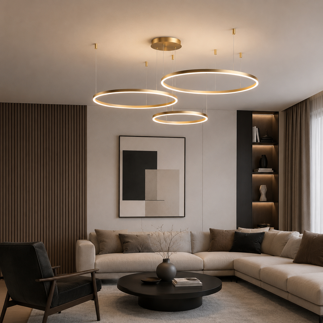 Lustra LED Suspendata 144W Auriu 3 Cercuri