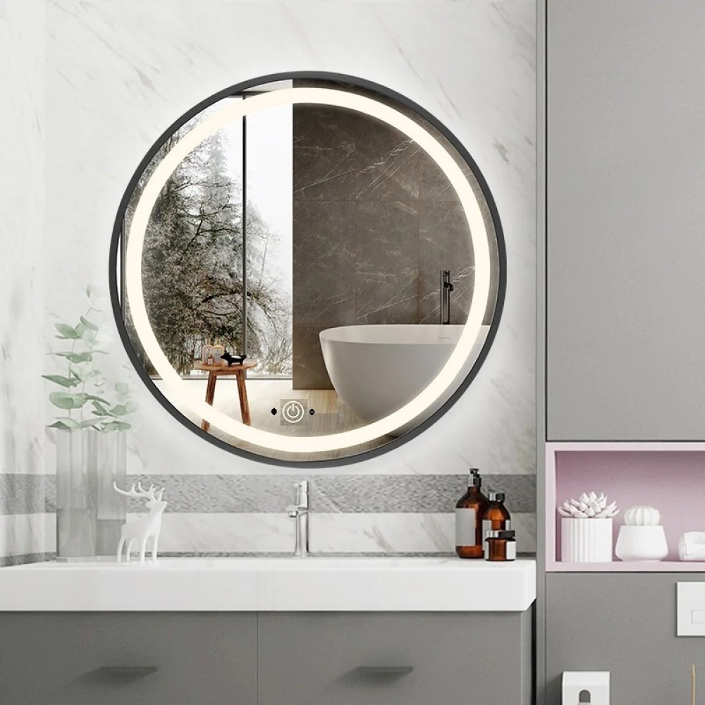 Oglinda LED Si Touch, 70 X 70 Cm, Rama Negru Mat