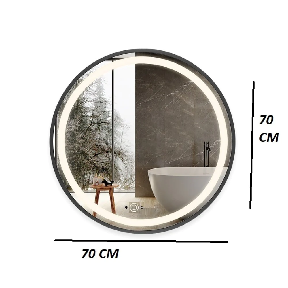 Oglinda LED Si Touch, 70 X 70 Cm, Rama Negru Mat