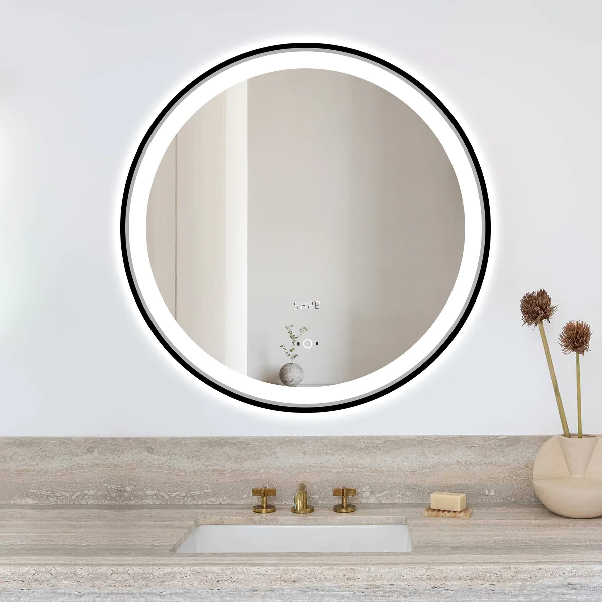 Oglinda LED Si Touch, 70 X 70 Cm, Rama Negru Mat
