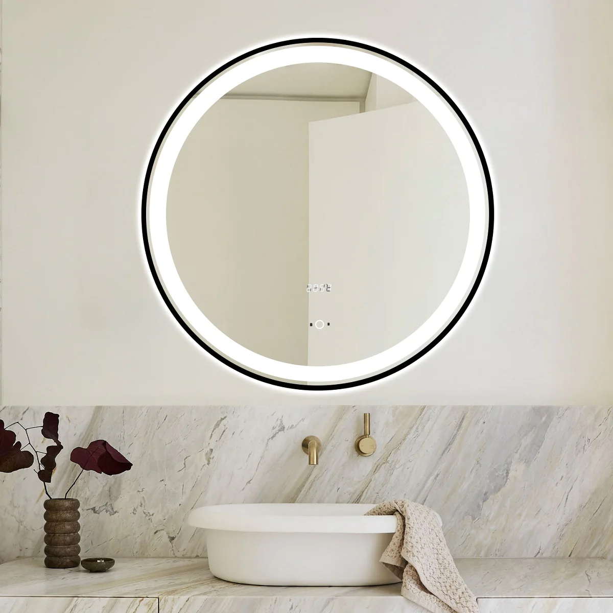 Oglinda LED Si Touch, 70 X 70 Cm, Rama Negru Mat