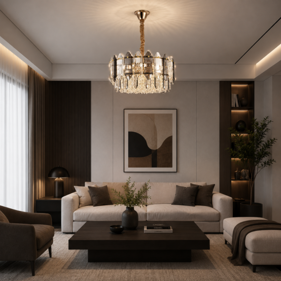 Lustră Cristal Auriu 40 cm, E27, Lustră pentru Living și Dormitor Modern, i20564