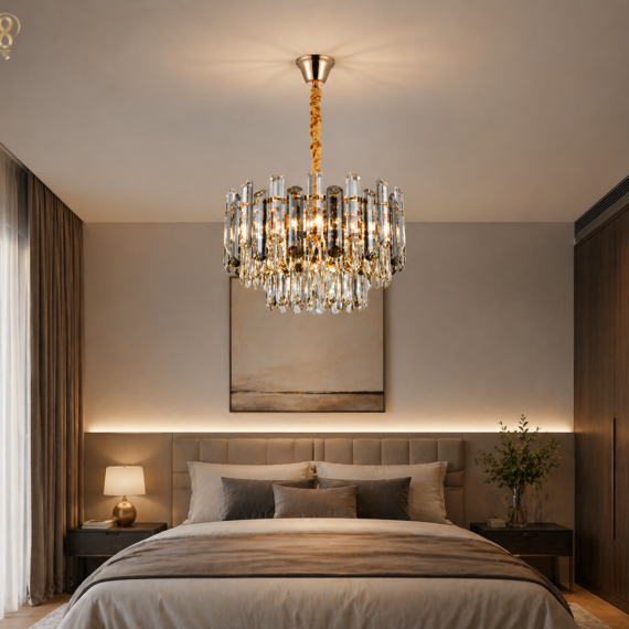 Lustră Cristal Auriu 40 cm, E27, Lustră pentru Living și Dormitor Modern, i20564