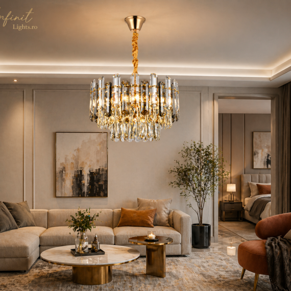 Lustră Cristal Auriu 50 cm, E27, Lustră pentru Living și Dormitor Modern, I232