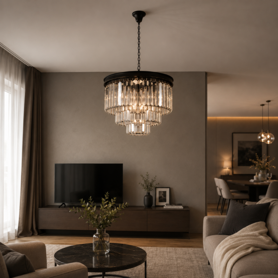 Candelabru Cristal Modern Negru, Metal 12XE14