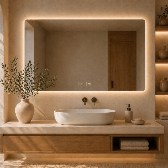 Oglinda LED baie 90x65 cm cu iluminare Ambientala, Dezaburire și 3 Tipuri de Lumina J174