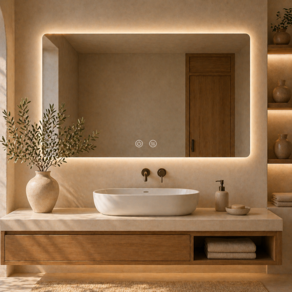 Oglinda LED baie 90x65 cm cu iluminare Ambientala, Dezaburire și 3 Tipuri de Lumina J174