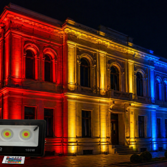 Proiector LED RGB 100W Exterior cu Telecomandă – Iluminat Arhitectural Multicolor IP65