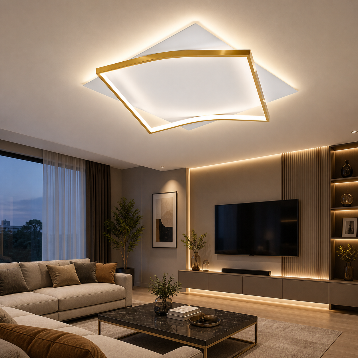 Lustra LED cu Telecomanda 108W, Alb-Auriu Design Modern, 3 Tipuri Iluminat, Dimabila