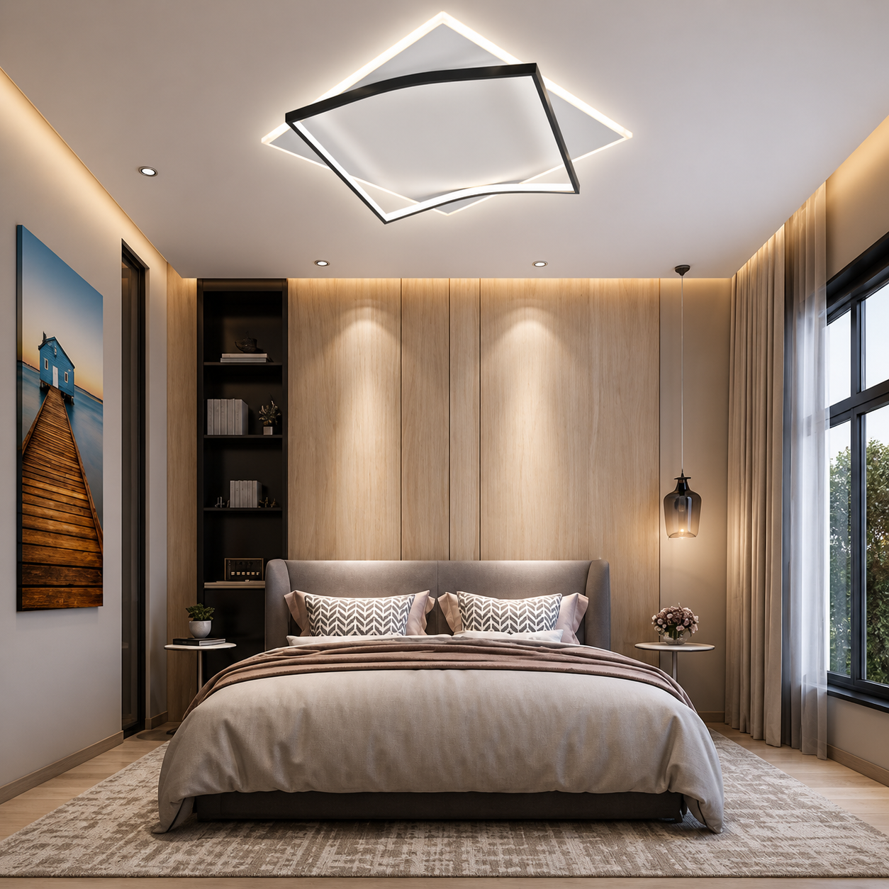 Lustra LED cu Telecomanda 108W, Alb-Negru Design Modern, 3 Tipuri Iluminat, Dimabila