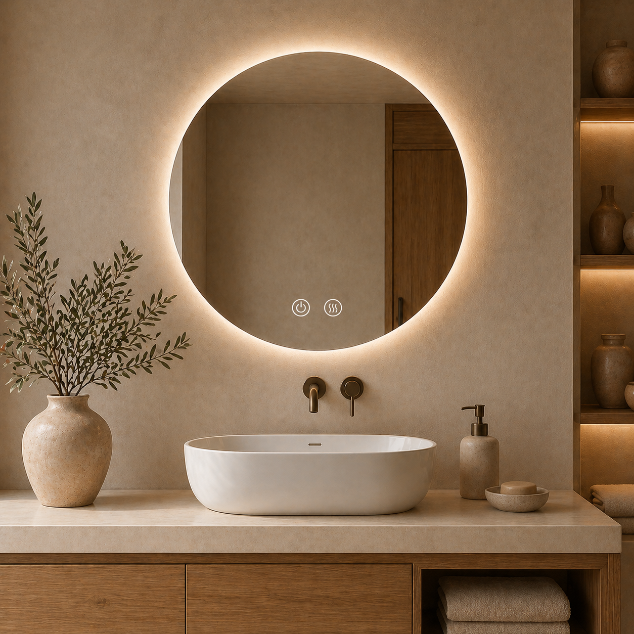 Oglinda LED baie Rotunda 60 cm cu iluminare Ambientala, Dezaburire și 3 Tipuri de Lumină J170