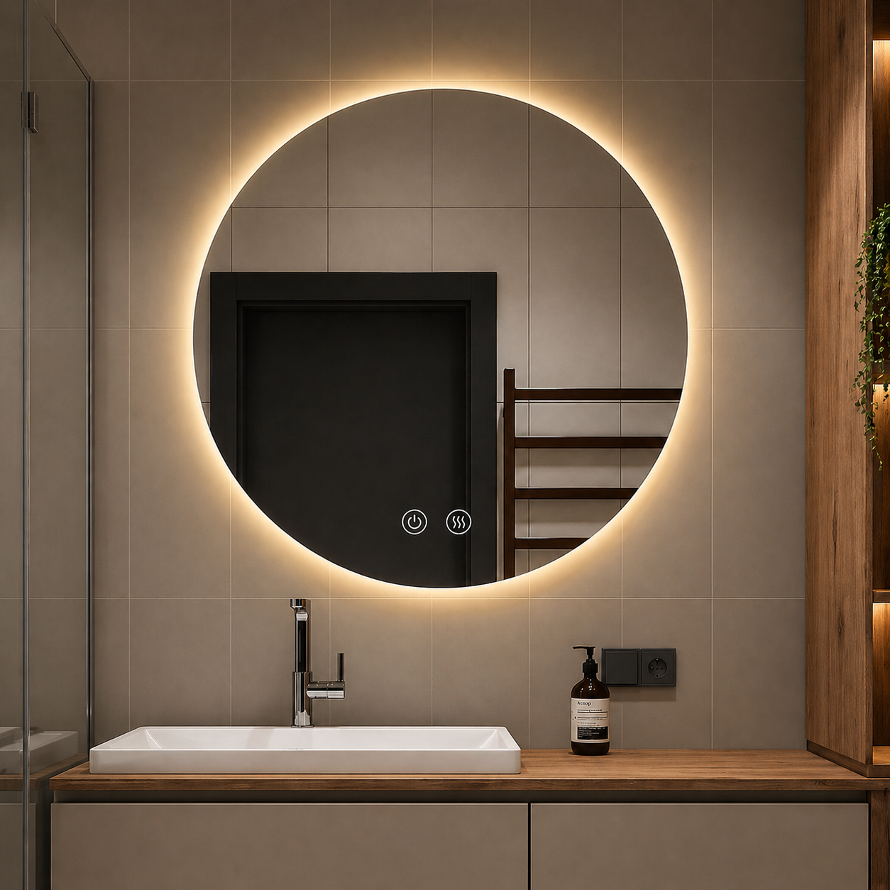 Oglinda LED baie Rotunda 60 cm cu iluminare Ambientala, Dezaburire și 3 Tipuri de Lumină J170