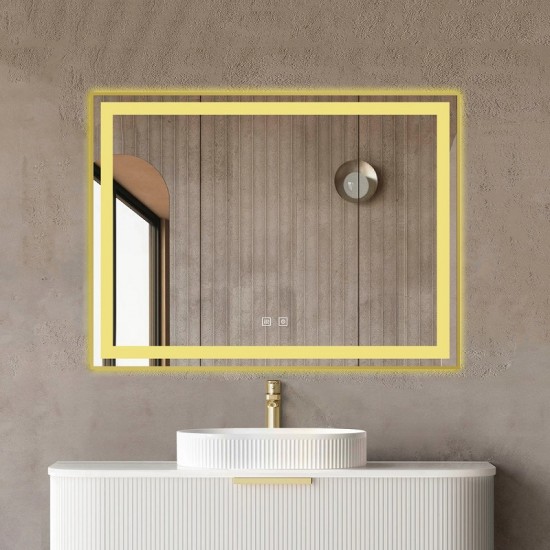 Oglindă Baie LED și Dezaburire Premium cu Rama Auriu Senzor Touch, Lumina Rece, Caldă și Neutră, 80x60cm