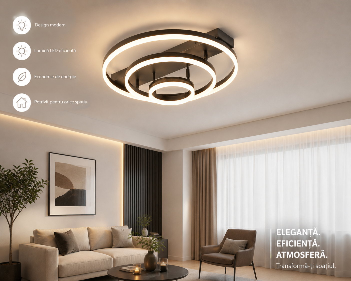 Lustra LED Modern cu Design Circular 160w Negru – Iluminat Elegant pentru Living și Dormitor