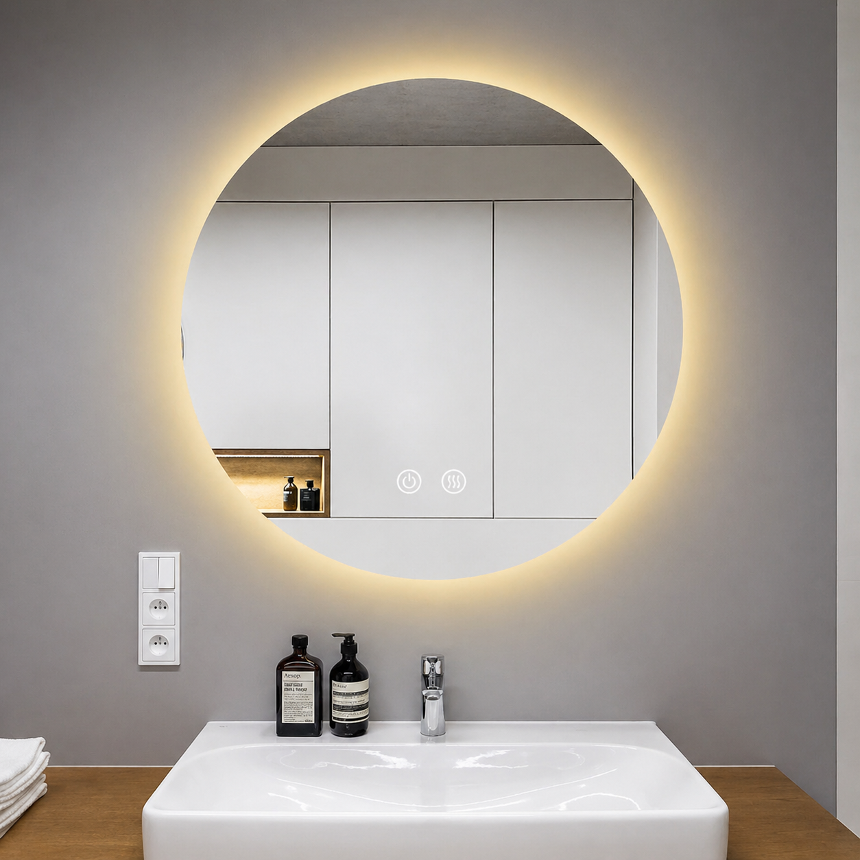 Oglinda LED baie Rotunda 60 cm cu iluminare Ambientala, Dezaburire și 3 Tipuri de Lumină J170