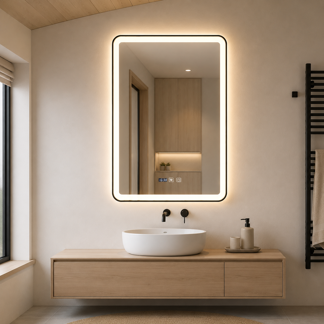 Oglindă Baie LED și Dezaburire Premium cu Senzor Touch, Lumina Rece, Caldă și Neutră, 60x90cm, cu rama Negru Mat, Ceas