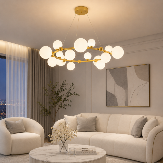 Lustra Moderna LED Aurie cu Globuri Opal – Design Elegant pentru Living și Dining 2415-15