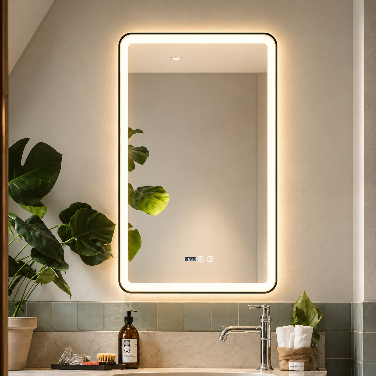 Oglindă Baie LED și Dezaburire Premium cu Senzor Touch, Lumina Rece, Caldă și Neutră, 60x90cm, cu rama Negru Mat, Ceas