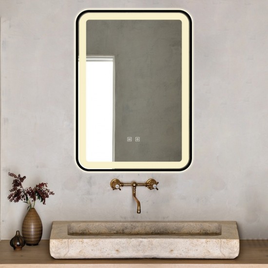 Oglindă Baie LED și Dezaburire Premium cu Senzor Touch, Lumina Rece, Caldă și Neutră, 60x80cm, cu rama Negru Mat, Ceas