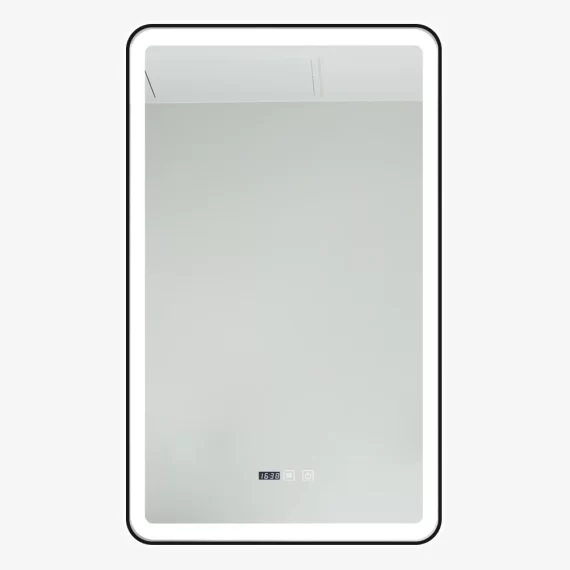 Oglindă Baie LED și Dezaburire Premium cu Senzor Touch, Lumina Rece, Caldă și Neutră, 60x90cm, cu rama Negru Mat, Ceas