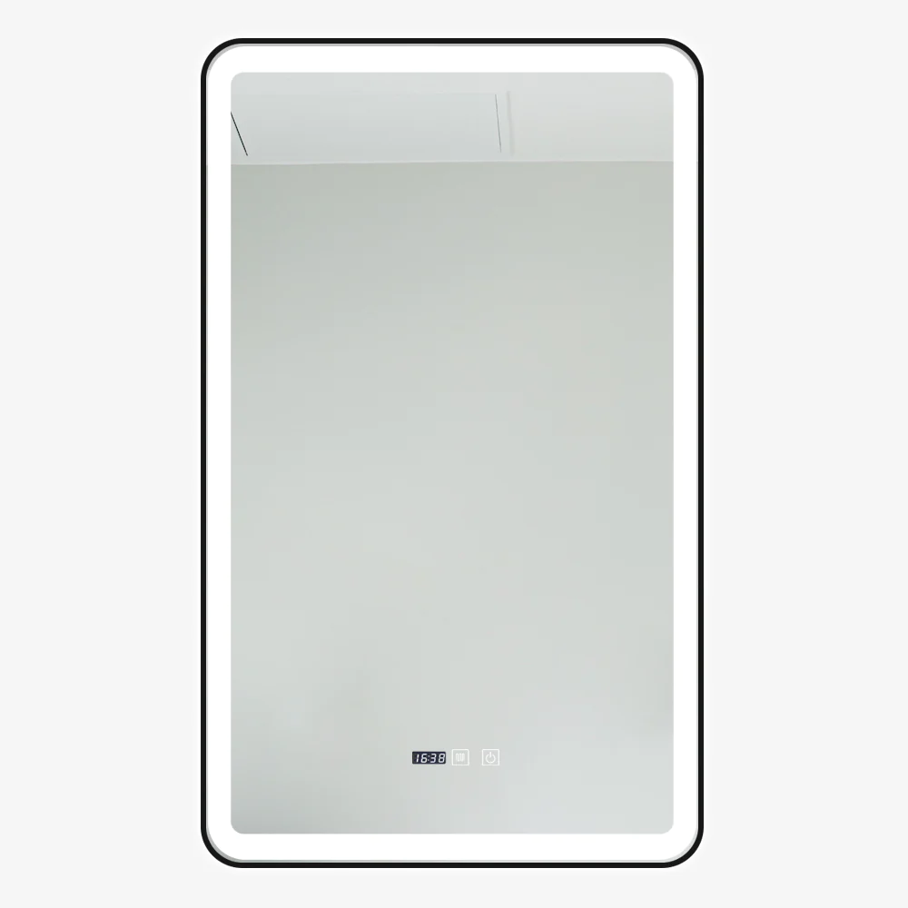 Oglindă Baie LED și Dezaburire Premium cu Senzor Touch, Lumina Rece, Caldă și Neutră, 60x90cm, cu rama Negru Mat, Ceas