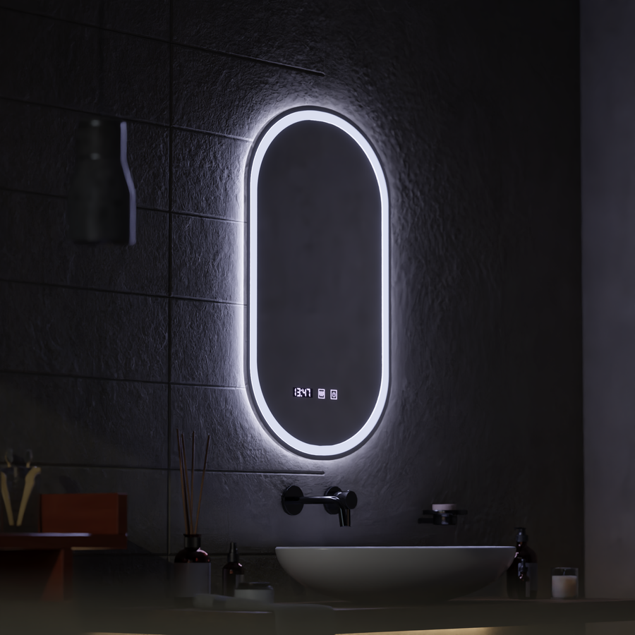 Oglinda LED 50x80 cm Senzor cu functie Dezaburire Termometru Ceas Lumina Rece/Calda/Neutra Dimabila