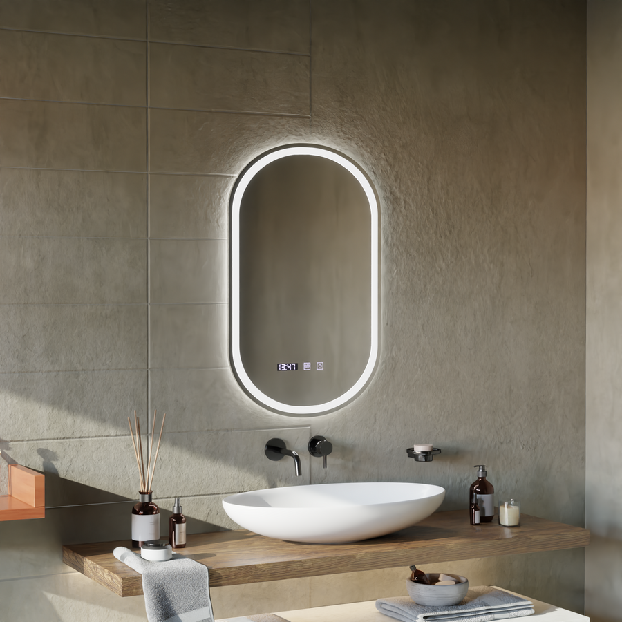 Oglinda LED 50x80 cm Senzor cu functie Dezaburire Termometru Ceas Lumina Rece/Calda/Neutra Dimabila