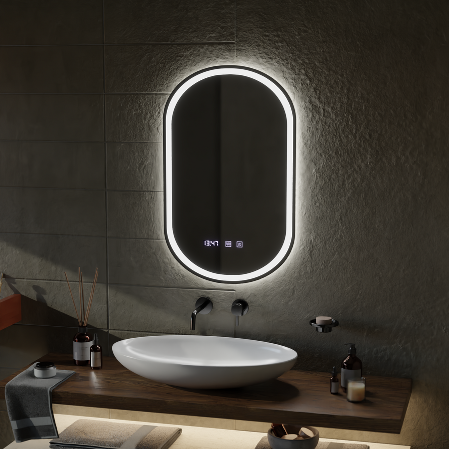 Oglinda LED 50x80 cm Senzor cu functie Dezaburire Termometru Ceas Lumina Rece/Calda/Neutra Dimabila