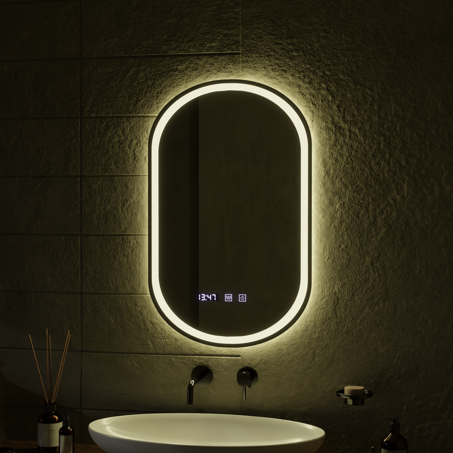 Oglinda LED 50x80 cm Senzor cu functie Dezaburire Termometru Ceas Lumina Rece/Calda/Neutra Dimabila