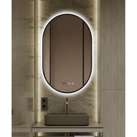 Oglindă LED Ovală Ramă Neagră 50x80 cm, Touch Control, Dezaburire, Iluminare 3 Tipuri