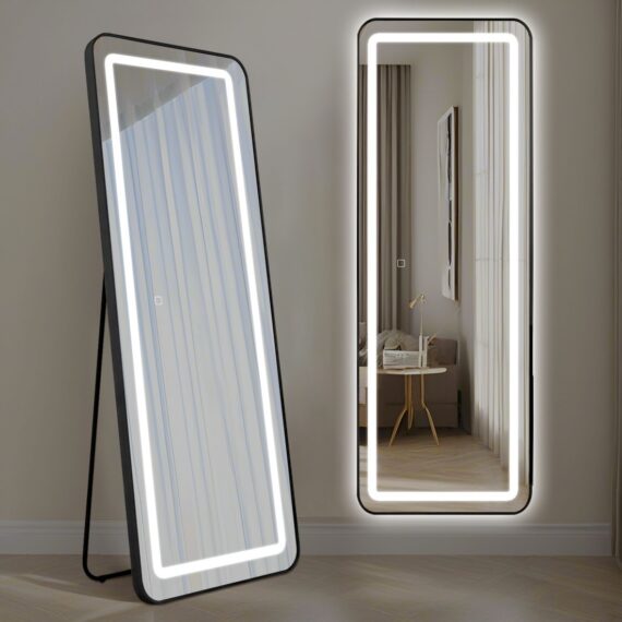 Oglinda LED Dreptunghiulara 50x160 cm, Iluminare 3 Nuanțe, Touch Control & Design Premium Rama Neagra
