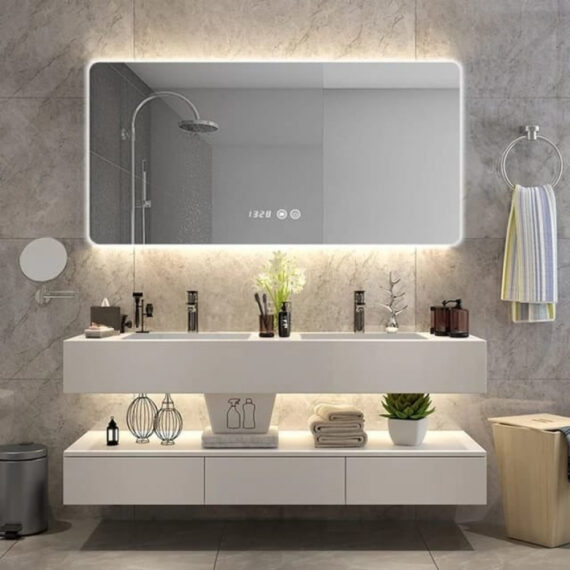 Oglindă Baie LED și Dezaburire Premium cu Senzor Touch Lumina Rece Caldă și Neutră 100×70 cm lumina ambientala spate ceas