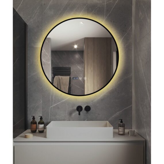 Oglindă Baie LED Rama neagra J181 Dezaburire, Ceas, Senzor Touch, Lumina Rece, Caldă și Neutră 60 cm