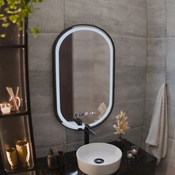 Oglinda LED 50x80cm S15 Senzor, Sistem Dezaburire, Ceas si Temperatura Rama Negru