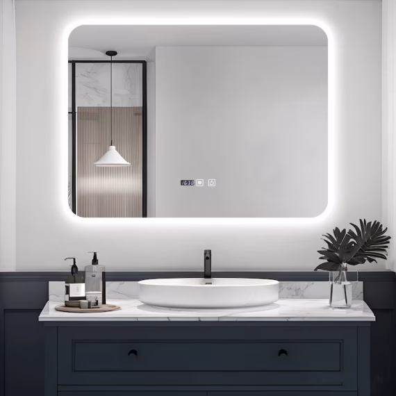 Oglinda Baie LED Dezaburire, Ceas si Senzor Touch 80×60 cm