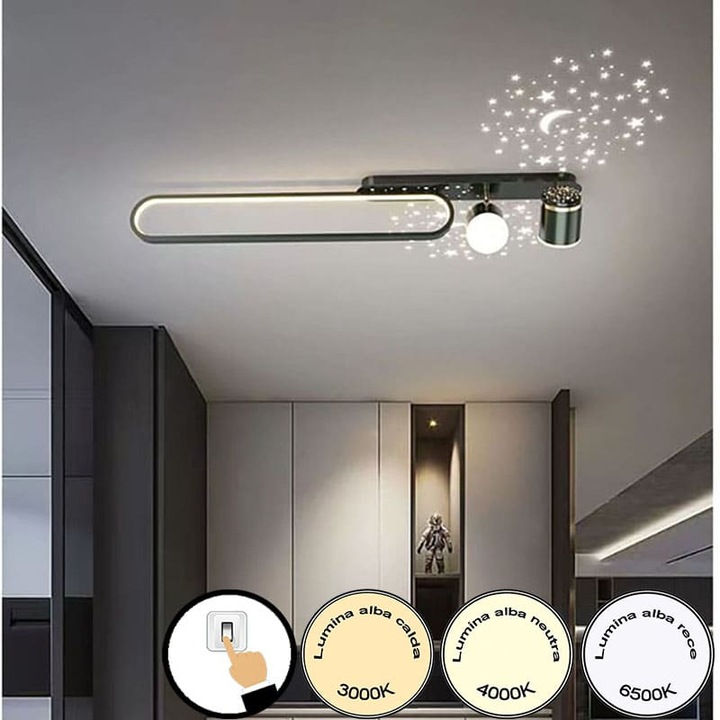 Plafoniera LED 80cm Negru Moderna 58W,3 Tipuri De Lumina