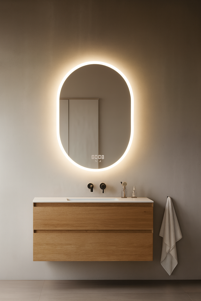 Oglinda LED 70×90 cm Ovala, Senzor Miscare Premium – 3 Tipuri de Lumina, Dimabila, Ceas & Temperatura, Dezaburire