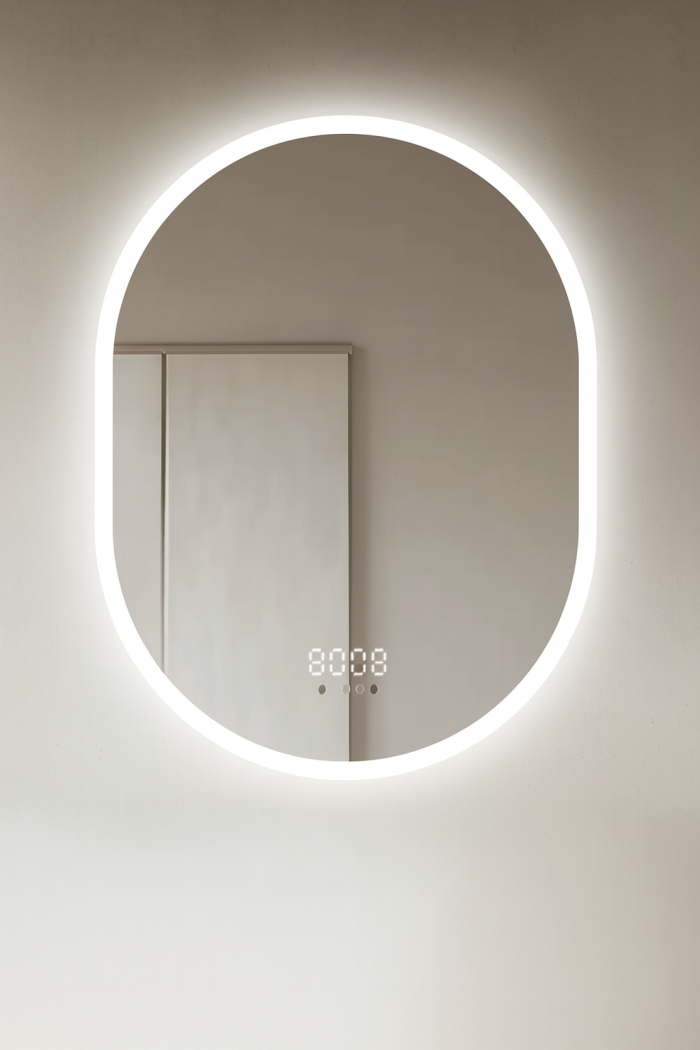 Oglinda LED 70×90 cm Ovala, Senzor Miscare Premium – 3 Tipuri de Lumina, Dimabila, Ceas & Temperatura, Dezaburire