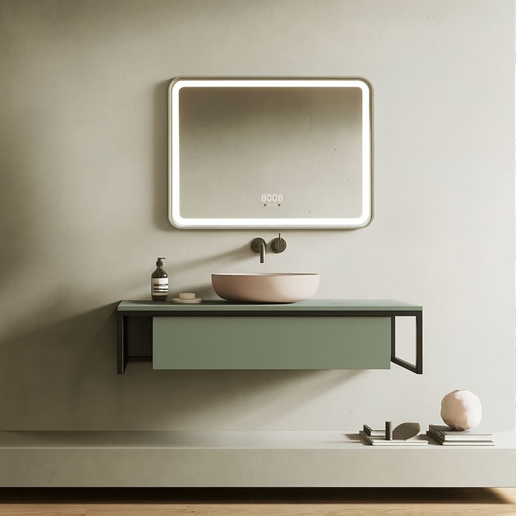 Oglinda LED 80×60 cm Dreptunghiulara cu Rama Aurie, Senzor Miscare Premium – 3 Tipuri de Lumina, Dimabila, Ceas & Temperatura, Dezaburire