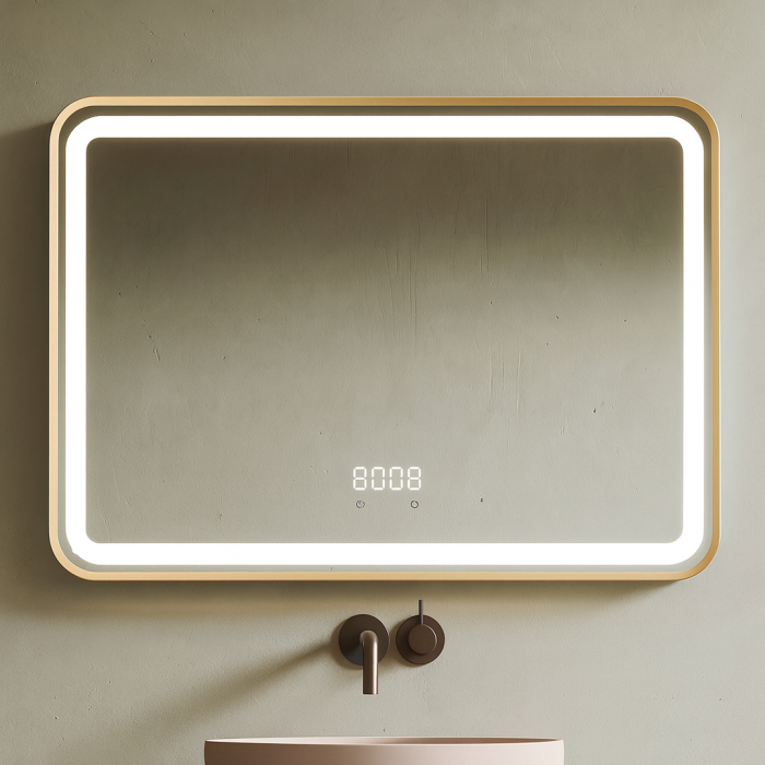 Oglinda LED 80×60 cm Dreptunghiulara cu Rama Aurie, Senzor Miscare Premium – 3 Tipuri de Lumina, Dimabila, Ceas & Temperatura, Dezaburire