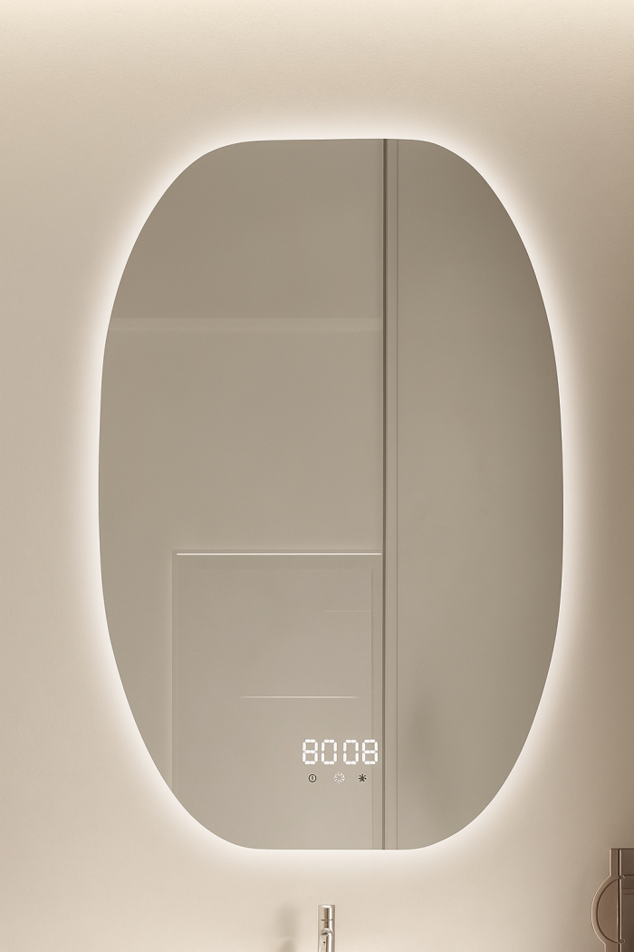 Oglinda LED 60×80 cm Ovala, Senzor Miscare Premium – 3 Tipuri de Lumina, Dimabila, Ceas & Temperatura, Dezaburire