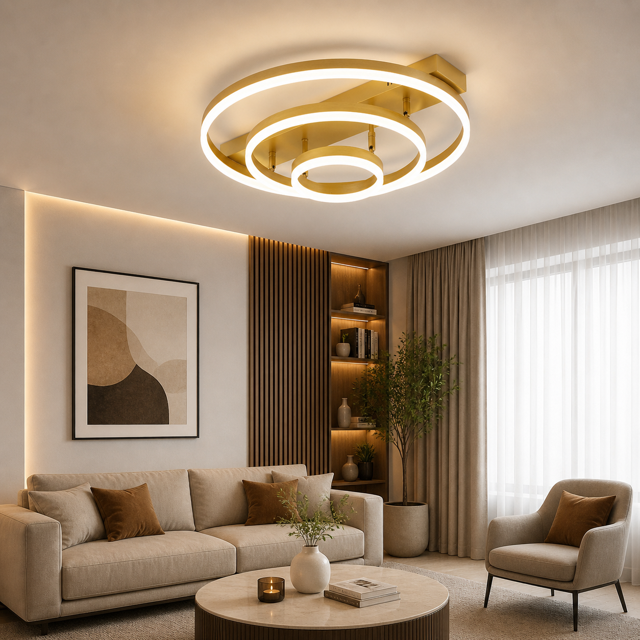 Lustra LED Modern cu Design Circular 160w Auriu – Iluminat Elegant pentru Living și Dormitor