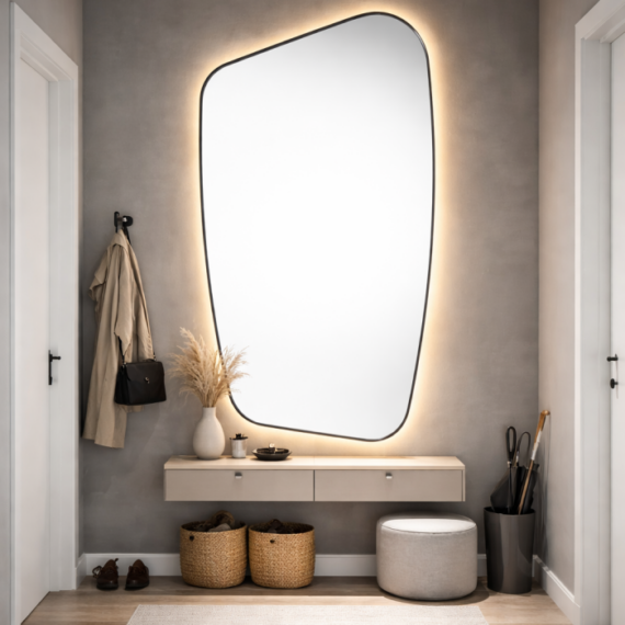 Oglinda LED pentru Dressing, Hol, Baie, Asimetrica Premium 110×70 cm, cu Rama Neagra, Touch, 3 Tipuri Lumina – Calda, Rece, Naturala