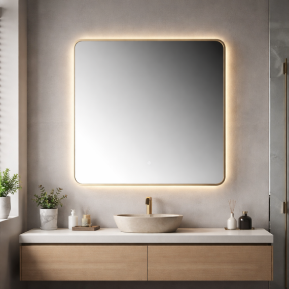 Oglindă LED Patrata Premium 80×80 cm, Rama Auriu, 3 Tipuri de Lumină – Calda, Rece, Neutra