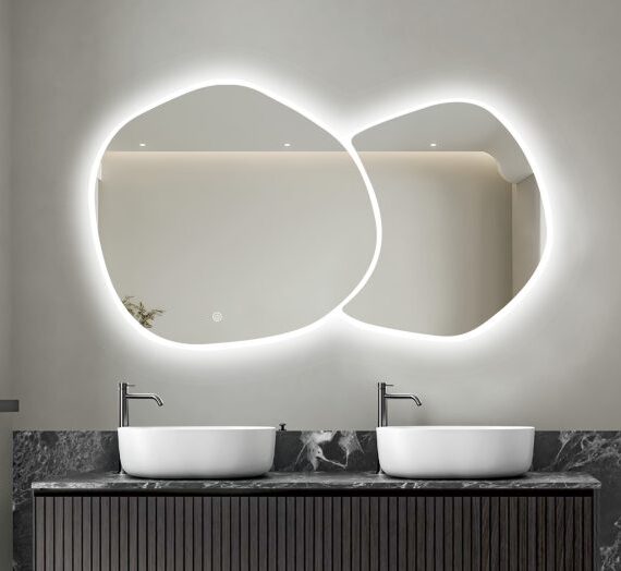 Oglinda LED Dubla, Asimetrica Premium 140×80 cm, Touch, 3 Tipuri Lumina – Calda, Rece, Naturala