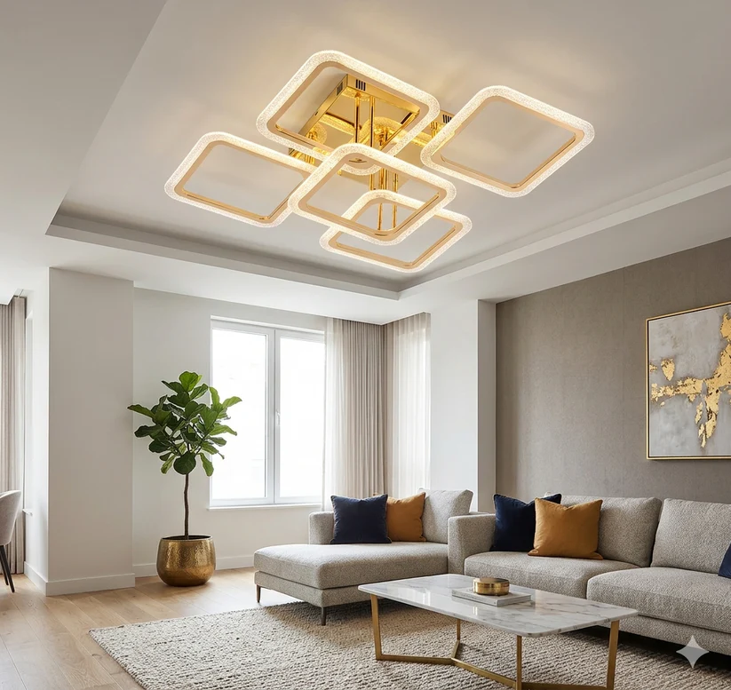 Lustra LED Cu Telecomanda, 3 Tipuri De Lumina, Intensitate Reglabila, 130W, Auriu 9181/2+2+1