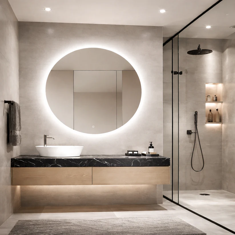 Oglindă LED Baie Rotundă 70 cm – 3 Tipuri de Lumină, Touch, Dezaburire, Design Modern Premium 9000S