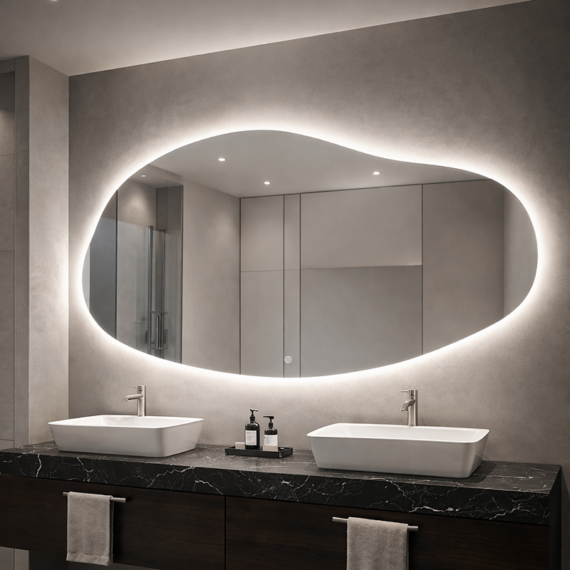 Oglinda LED Asimetrica Premium 140×90 cm, Touch, 3 Tipuri Lumină – Calda, Rece, Naturala
