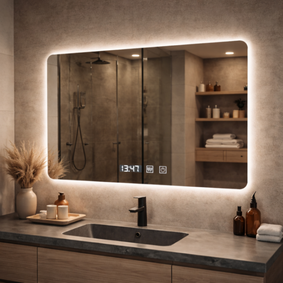 Oglinda LED Dreptunghiulara Touch, 80X60cm, Sistem Dezaburire, Dimabila, Ceas si Temperatura, Lumina Calda Neutra Rece W24